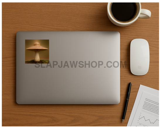 Laptop on a wooden desk with a cup of coffee, mouse, pen, and paper.