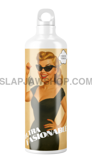 Bottle with a graphic of a woman wearing sunglasses and the text 'Maison Arnaud' on a white background.