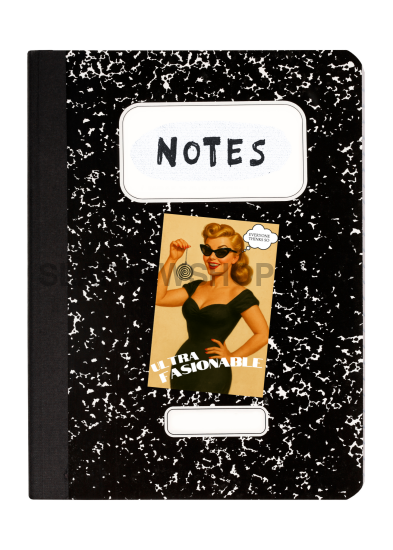 Black notebook with 'NOTES' on the cover featuring a photo of a woman.