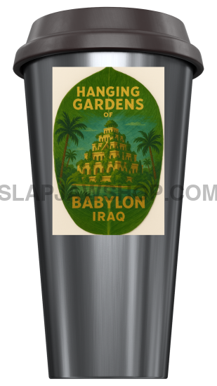 Tumbler with 'Hanging Gardens Babylon Iraq' label on a white background