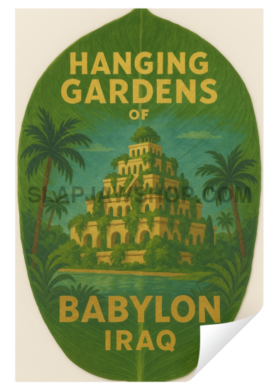 Sticker with 'Hanging Gardens of Babylon, Iraq' design on a green and beige background