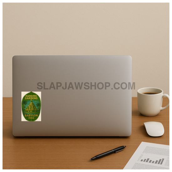 Laptop with a sticker on a desk with a cup, pen, and mouse.