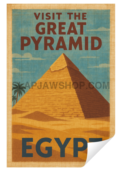 Vintage-style travel poster with a pyramid and text 'Visit the Great Pyramid Egypt' on a blue and orange background.