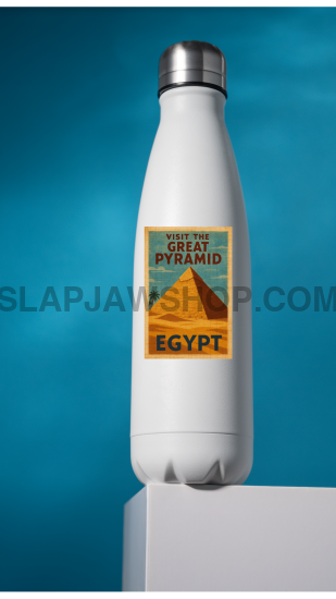 White water bottle with pyramid design on a blue background