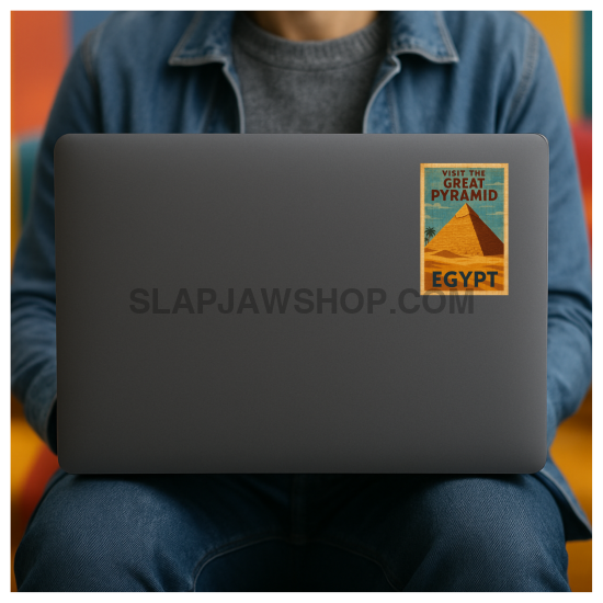 Person using a laptop with a 'Great Pyramid of Giza' sticker on the screen.