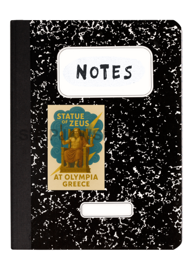 Black notebook with a label on a white background