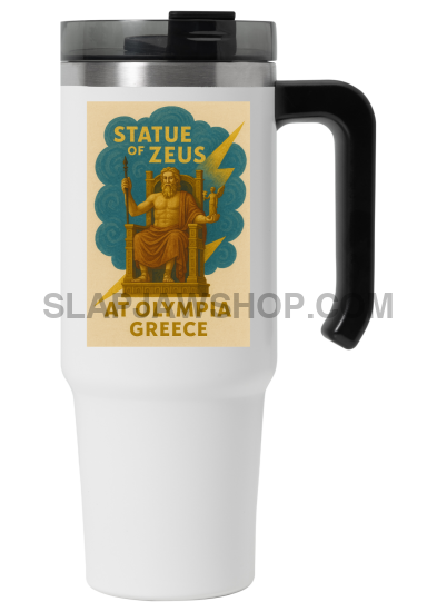Travel mug with statue of Zeus at Olympia design on a white background