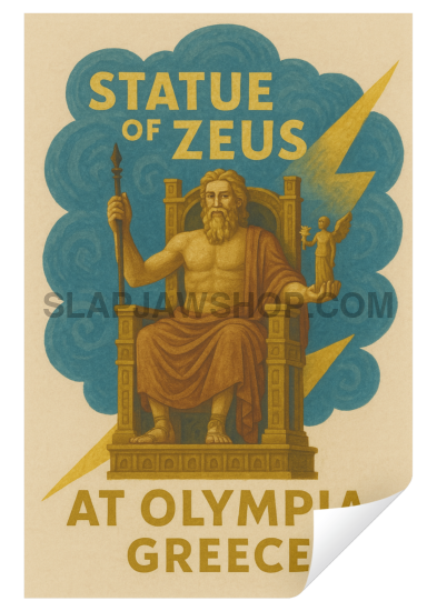 Poster of the Statue of Zeus at Olympia with a blue cloud and yellow lightning bolt on a beige background.