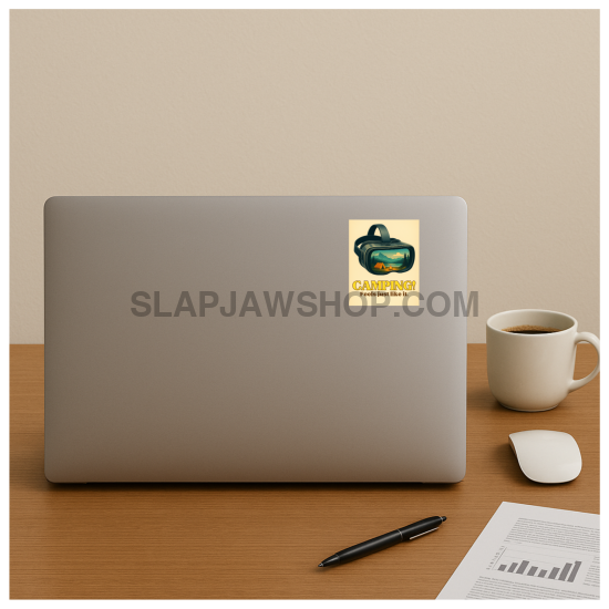 Laptop with a sticker on a desk with a cup, pen, and mouse.