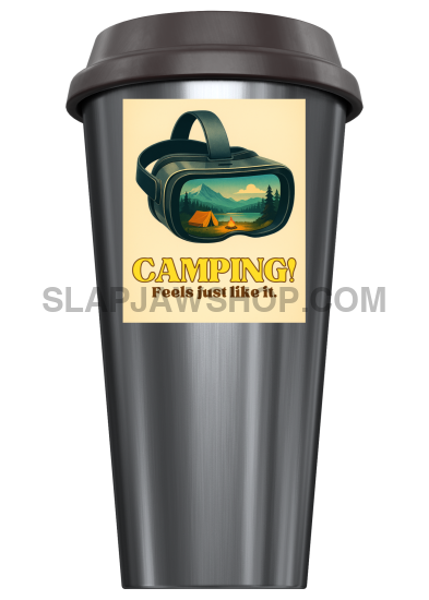 Silver tumbler with a camping-themed label on a white background