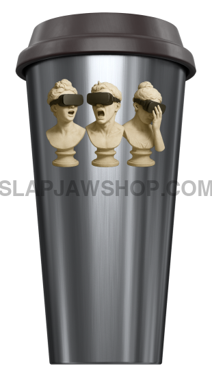 Metallic travel mug with decorative elements on a white background