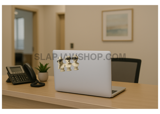 Laptop on a desk with decorative dog figurines, office setting