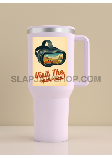 White travel mug with a handle on a beige background