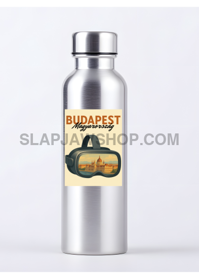 Silver water bottle with a label featuring Budapest and a map design on a white background