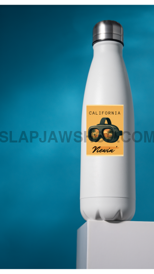 White water bottle with a label on a blue background