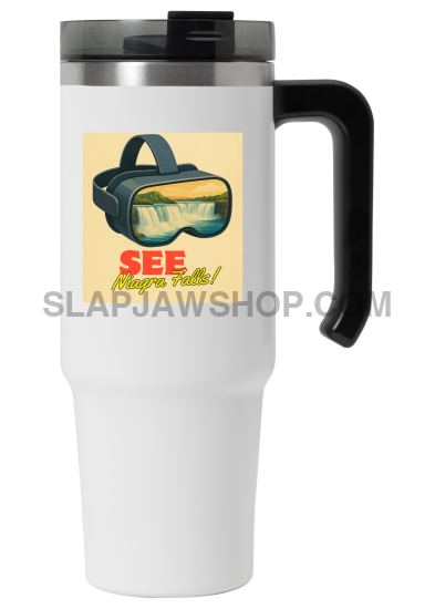 White travel mug with a black handle featuring a graphic design on a white background