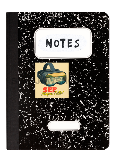 Black notebook with 'Notes' label and small poster on a white background
