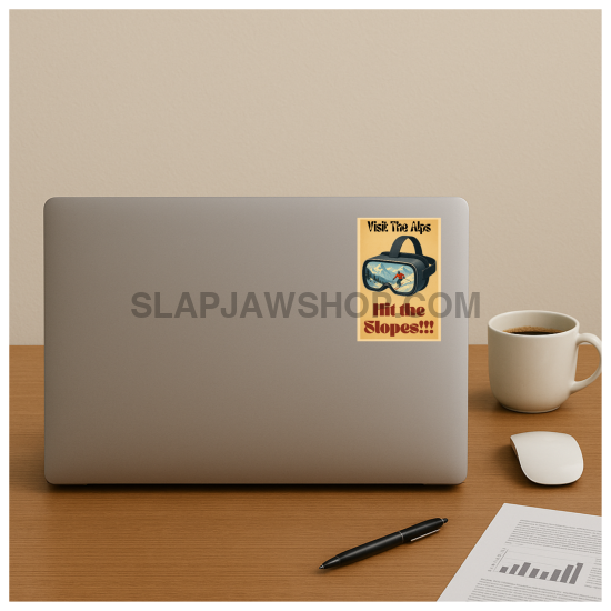 Laptop with a sticker on a desk with a cup of coffee and other items.