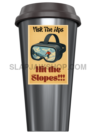 Tumbler with ski goggles and text design on a white background