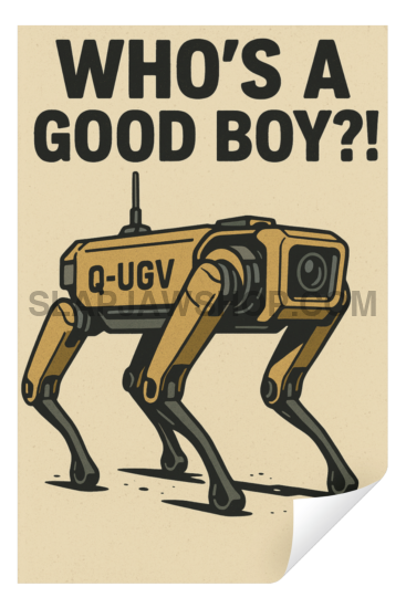 Poster with a robot illustration and text 'WHO'S A GOOD BOY?!' on a beige background