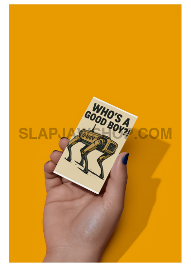 Hand holding a small book titled 'Who's a Good Boy?' against an orange background