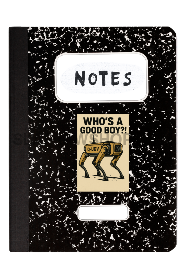 Black notebook with 'Notes' and 'Who's a good boy?' text and dog illustration on a white background