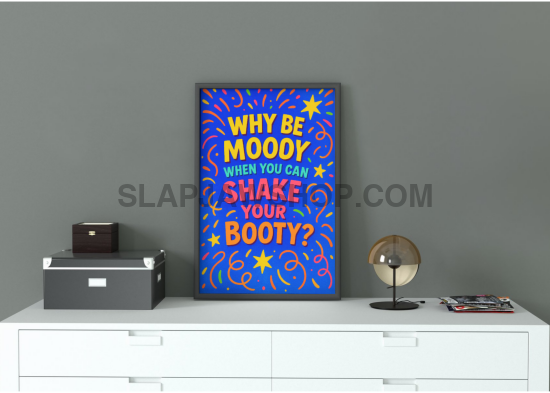 Colorful poster with humorous text on a blue background
