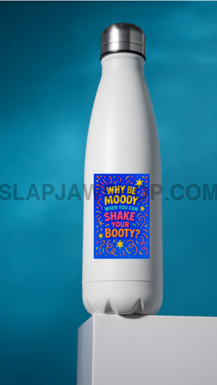 White insulated bottle with colorful label on a blue gradient background