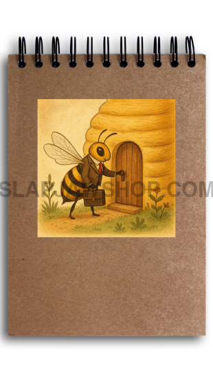 Small brown notebook with a bee illustration on a white background