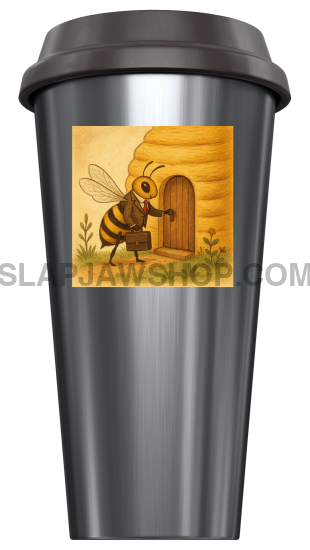 Stainless steel tumbler with a bee and honeycomb design on a white background