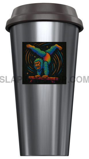 Silver travel mug with a colorful graphic on a white background