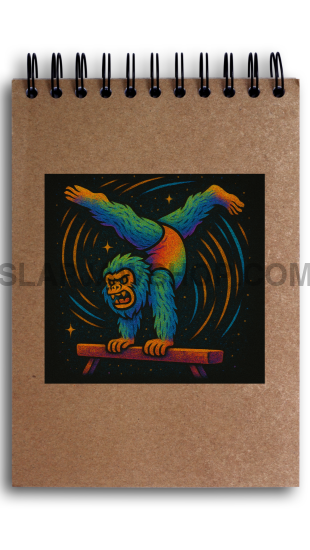 Small brown notebook with a colorful monkey illustration on a white background