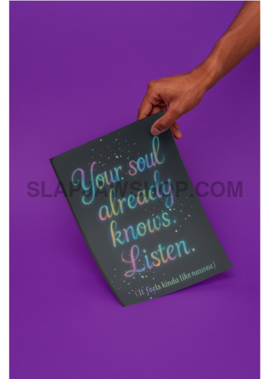 Hand holding a book with 'Your soul already knows. Listen.' text on a purple background