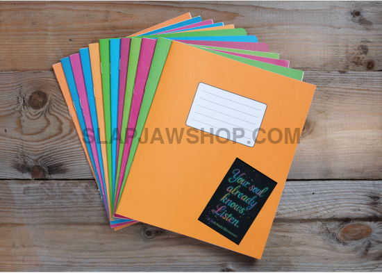 Stack of colorful notebooks on a wooden surface